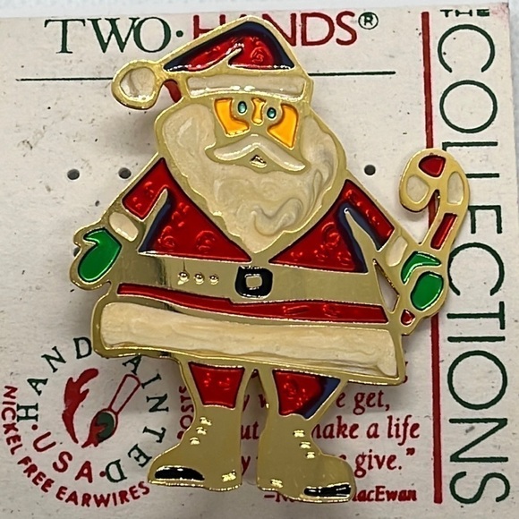 Christmas Brooch Lapel Pin Santa Claus Hand Painted Gold Tone - Picture 2 of 6